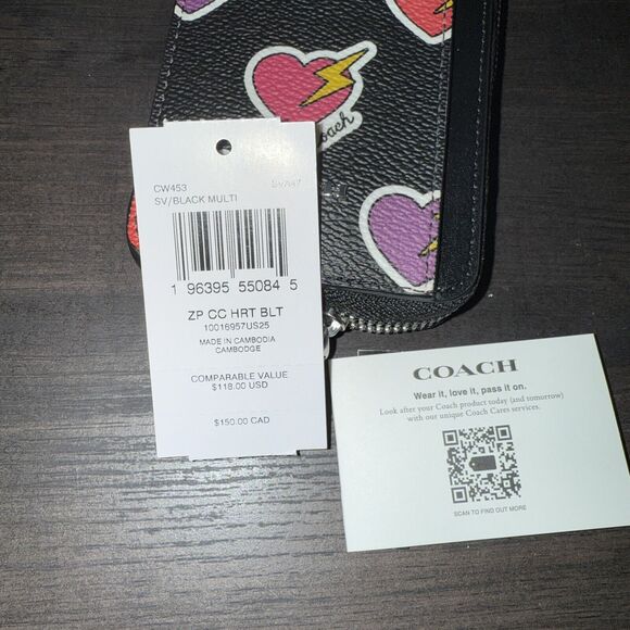 COACH CW453 Zip Card Case Wallet Heart Bolt Print Coated Canvas & Leather Black - Picture 3 of 6